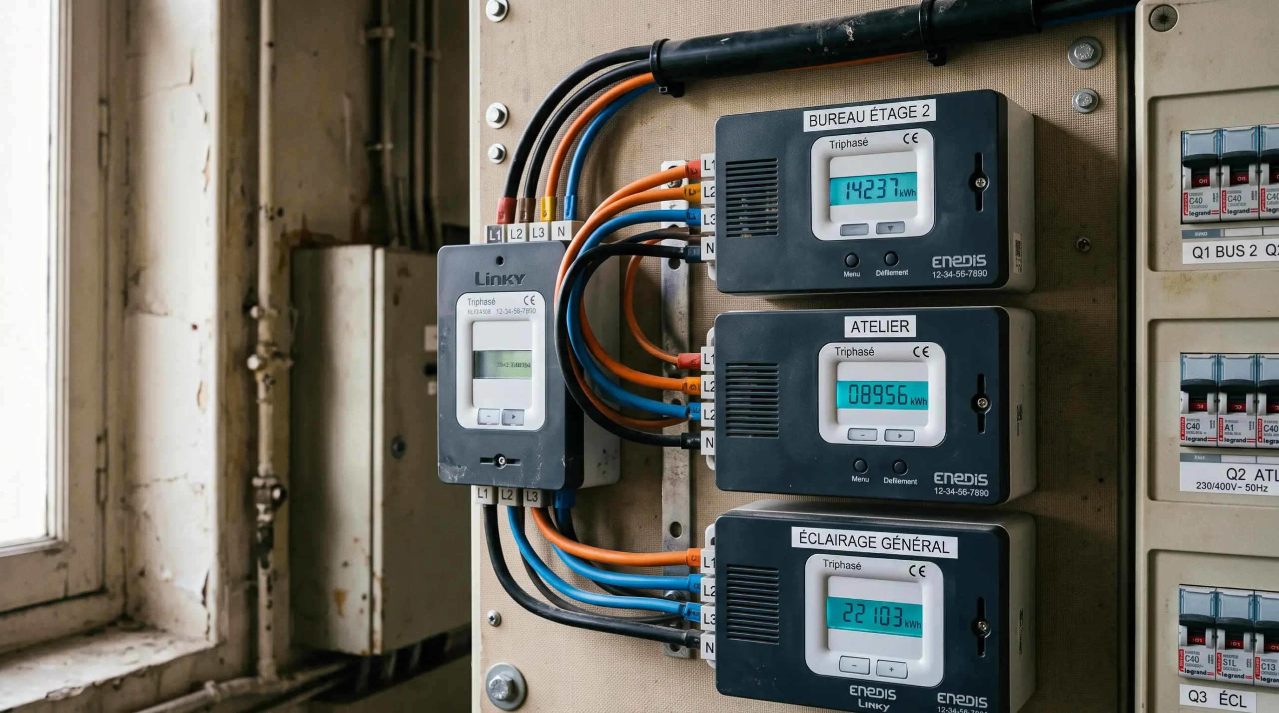 Ensemble de trois compteurs électriques professionnels Linky triphasés montés sur panneau technique, avec affichages LED numériques et câblages apparents dans un local professionnel français