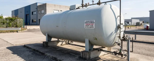 Cuve de stockage de gaz propane professionnelle de grande capacité installée sur plateforme industrielle, avec tuyauterie et vannes de sécurité apparentes, en zone arrière d'un site tertiaire français