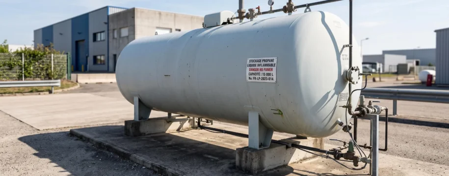 Cuve de stockage de gaz propane professionnelle de grande capacité installée sur plateforme industrielle, avec tuyauterie et vannes de sécurité apparentes, en zone arrière d'un site tertiaire français