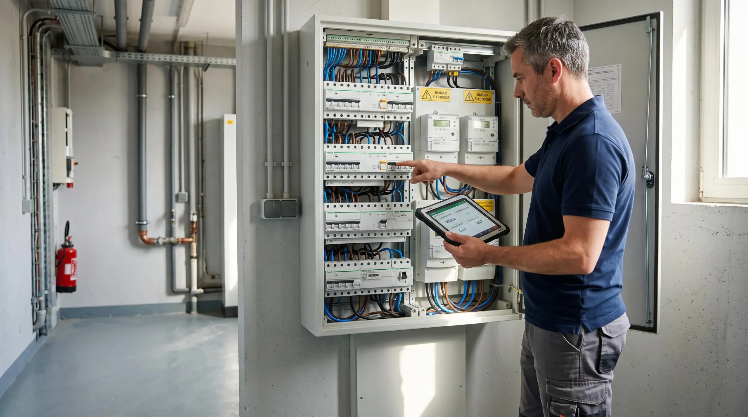 Technicien énergétique d'environ 40 ans inspectant un tableau électrique professionnel avec une tablette numérique, vérifiant les données de comptage dans un local technique français